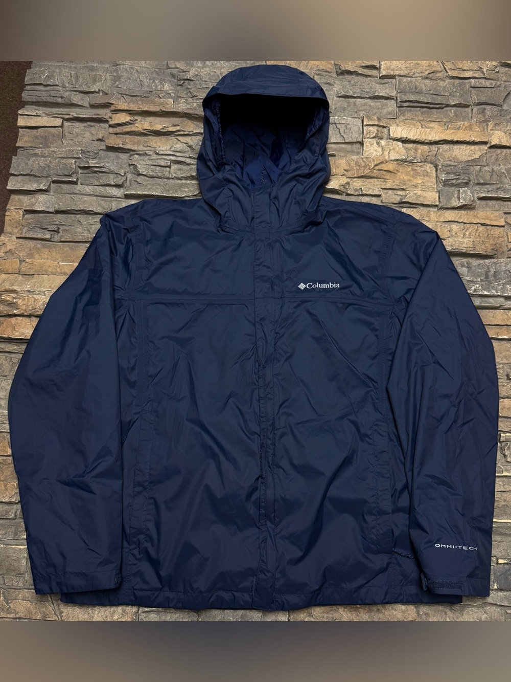 Columbia Omni Tech Hooded Windbreaker Raincoat Jacket Men XL Blue Zip Pockets